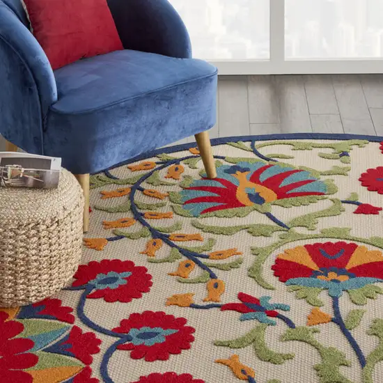 Red And Ivory Round Floral Indoor Outdoor Area Rug Photo 8
