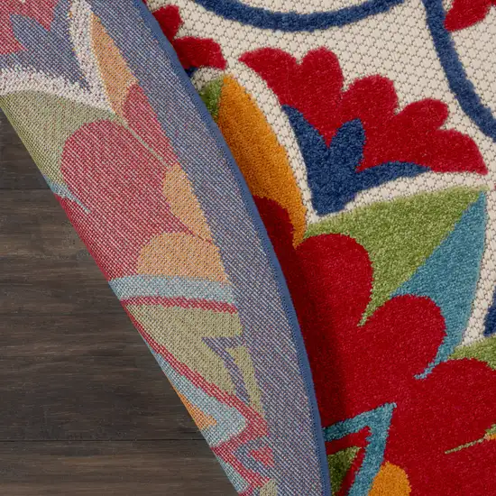 8' Red And Ivory Round Floral Indoor Outdoor Area Rug Photo 9