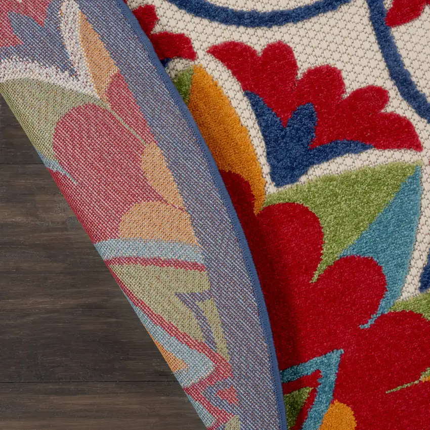 8' Red And Ivory Round Floral Indoor Outdoor Area Rug Photo 9