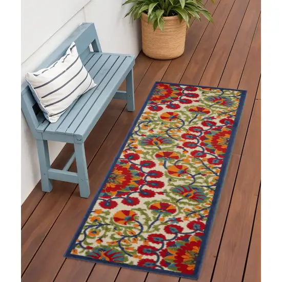 6' Red And Ivory Floral Indoor Outdoor Area Rug Photo 2
