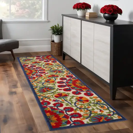 8' Red And Ivory Floral Indoor Outdoor Area Rug Photo 2