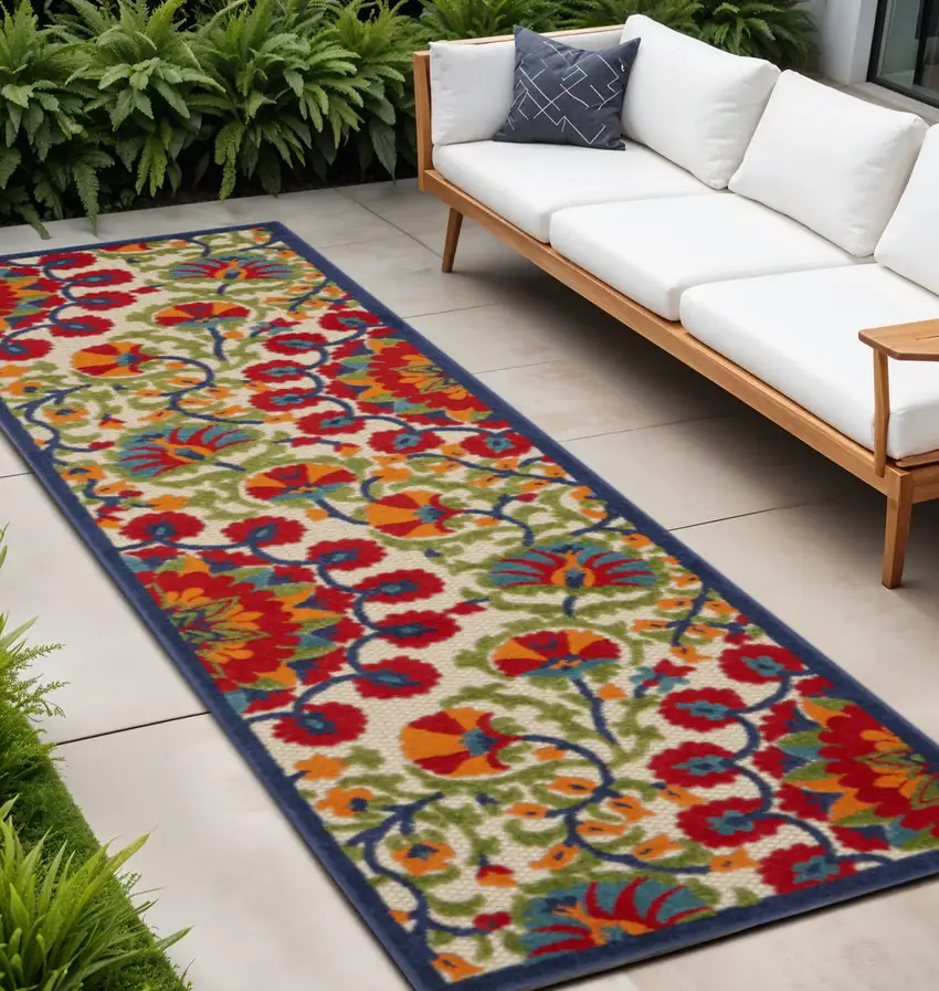 10' Red And Ivory Floral Indoor Outdoor Area Rug Photo 2