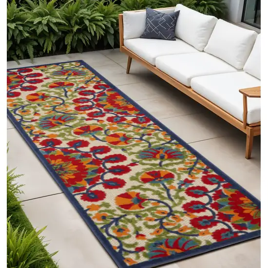12' Red And Ivory Floral Indoor Outdoor Runner Rug Photo 2