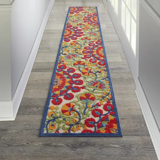 12' Red And Ivory Floral Indoor Outdoor Runner Rug Photo 5