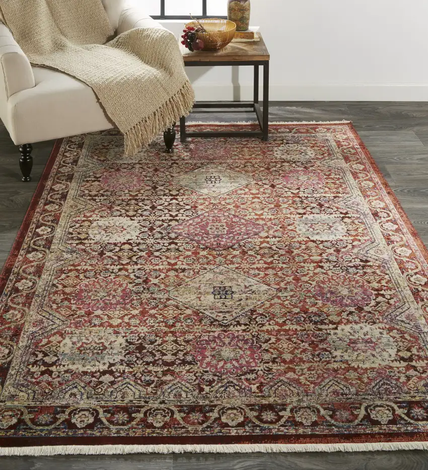 Red and Pink Oriental Power Loom Area Rug Photo 7