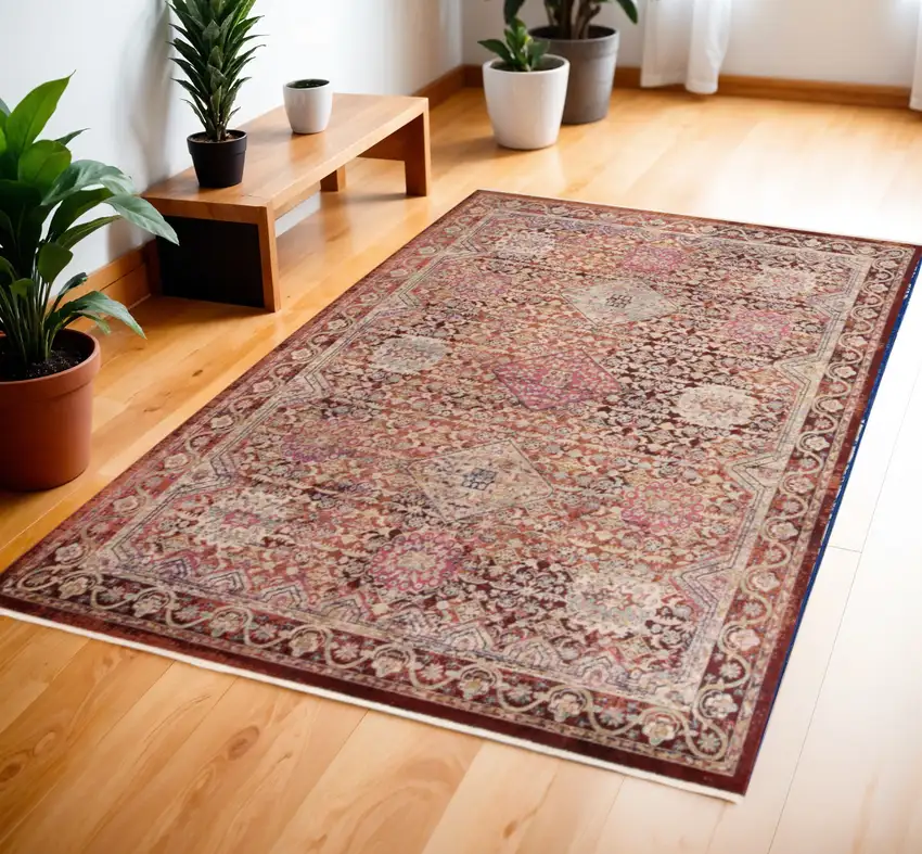 Red and Pink Oriental Power Loom Area Rug Photo 1