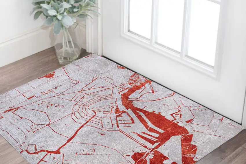 Red and White Abstract Non Skid Area Rug Photo 1