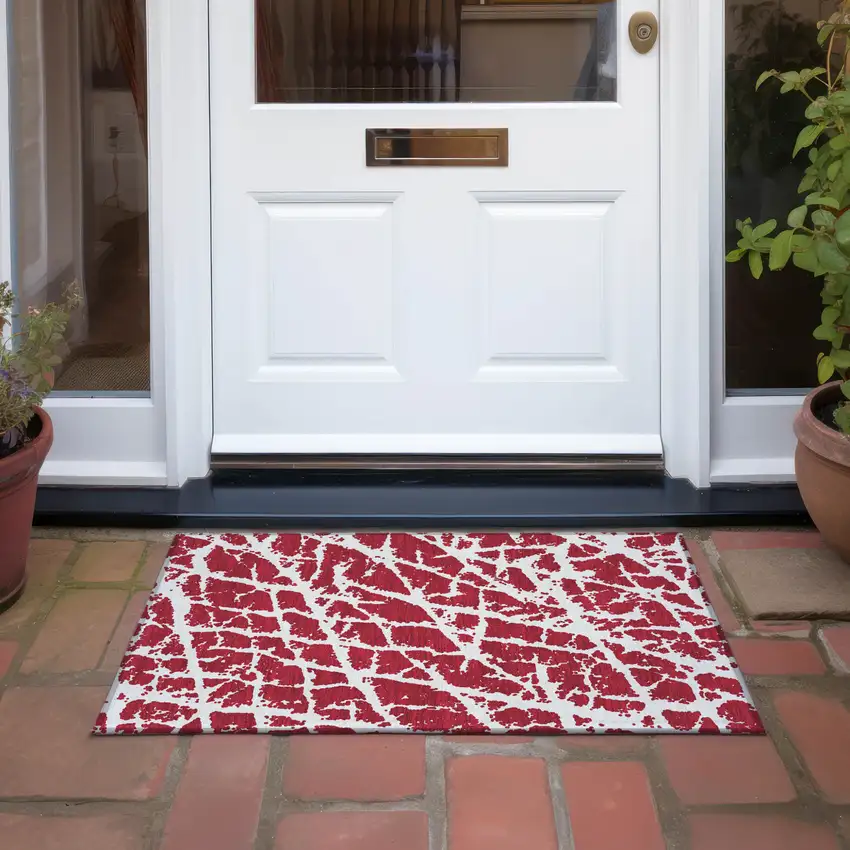 Red and White Abstract Washable Non Skid Indoor Outdoor Area Rug Photo 8