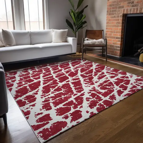 Red and White Abstract Washable Non Skid Indoor Outdoor Area Rug Photo 9