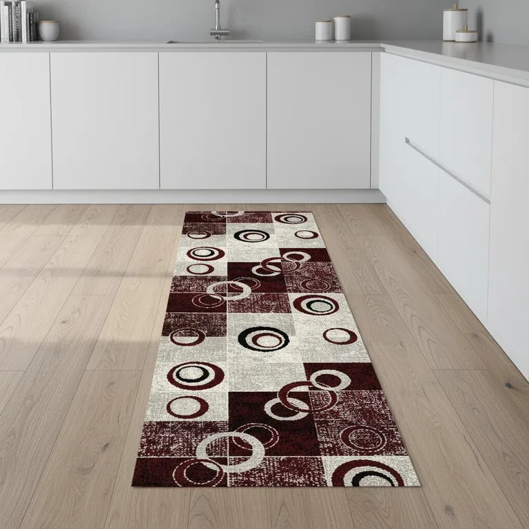 Red and White Inverse Circles Runner Rug Photo 3