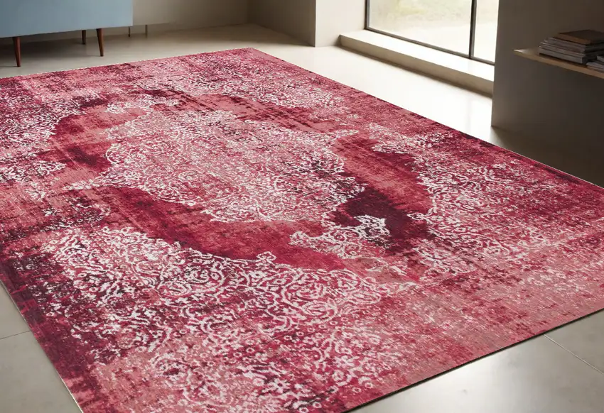 Red and White Oriental Non Skid Area Rug Photo 1