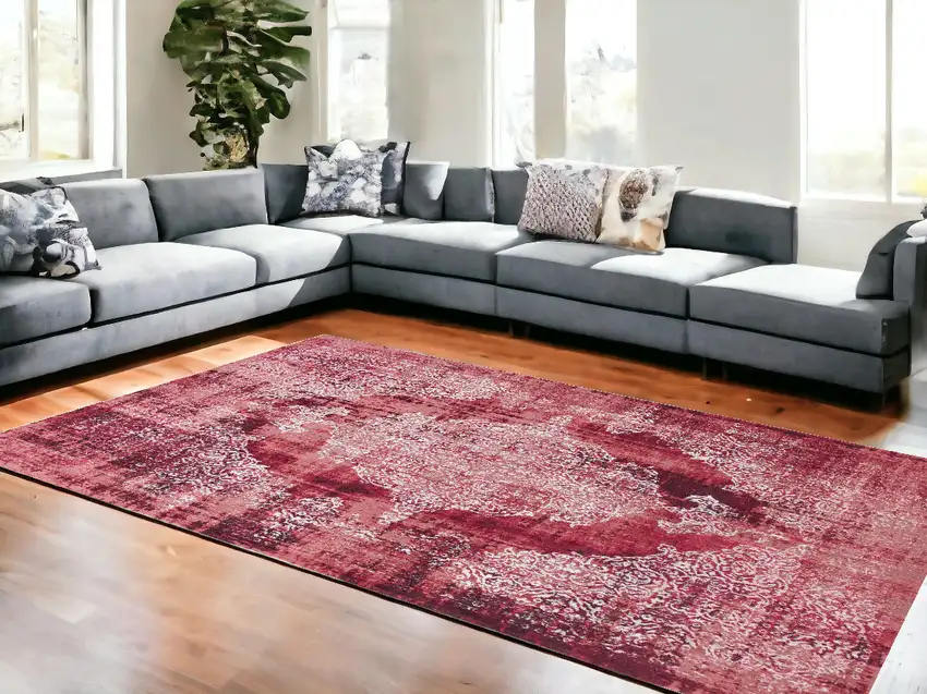 Red and White Oriental Non Skid Area Rug Photo 1