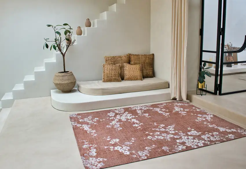 Red and White Round Oriental Non Skid Area Rug Photo 7