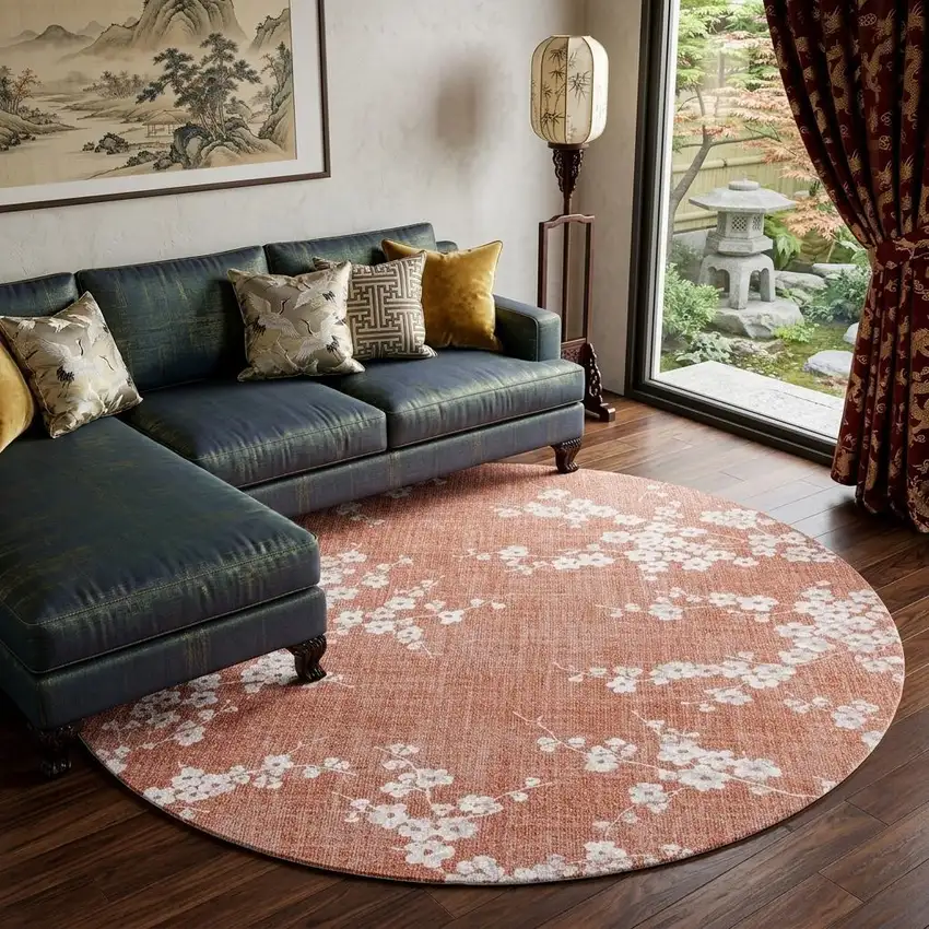 Red and White Round Oriental Non Skid Area Rug Photo 1