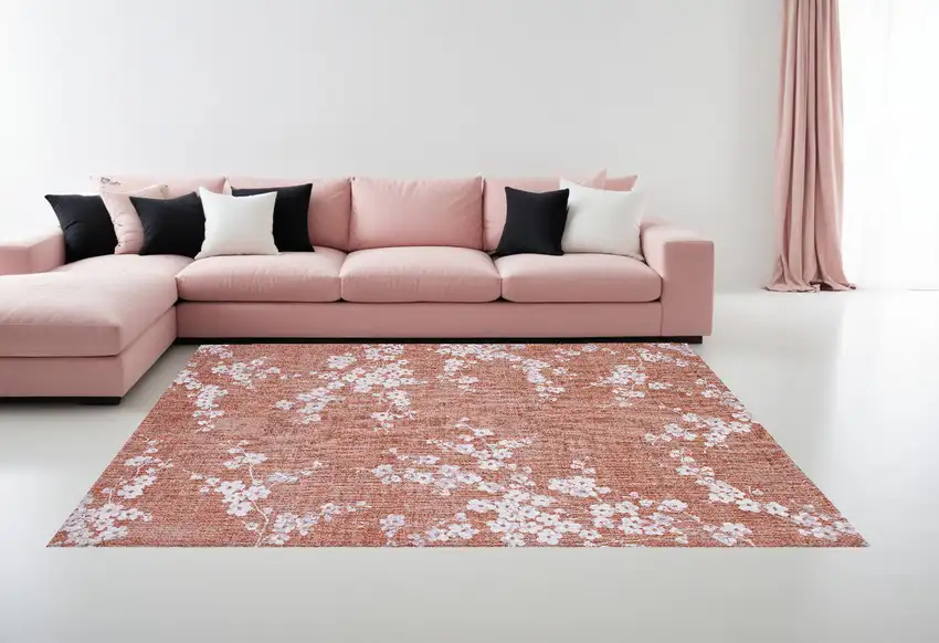 Red and White Round Oriental Non Skid Area Rug Photo 1