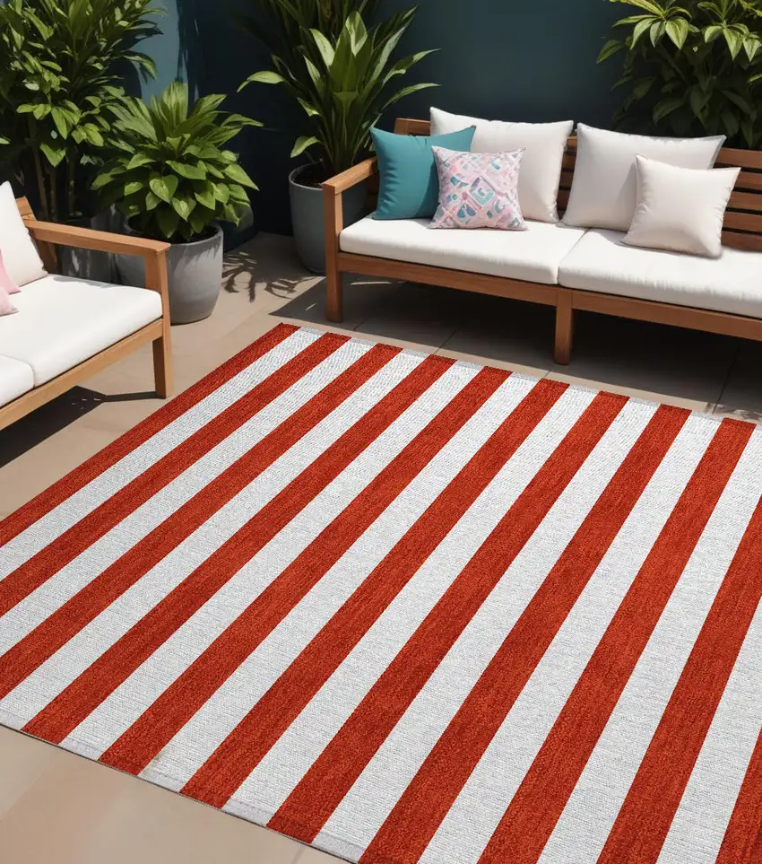 Red and White Striped Washable Non Skid Indoor Outdoor Area Rug Photo 1