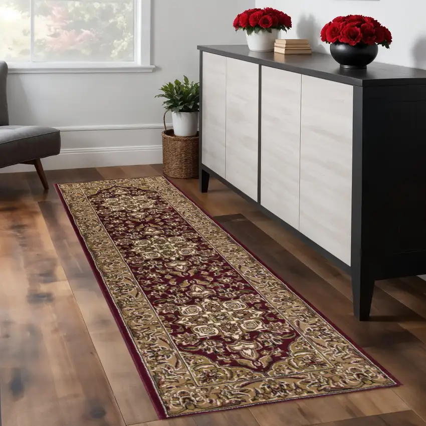 8' Red And Beige Floral Medallion Runner Rug Photo 1