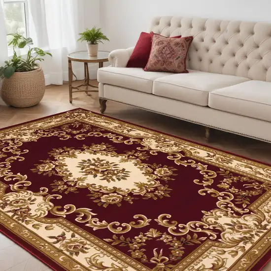 Red and Ivory Floral Bordered Area Rug Photo 1