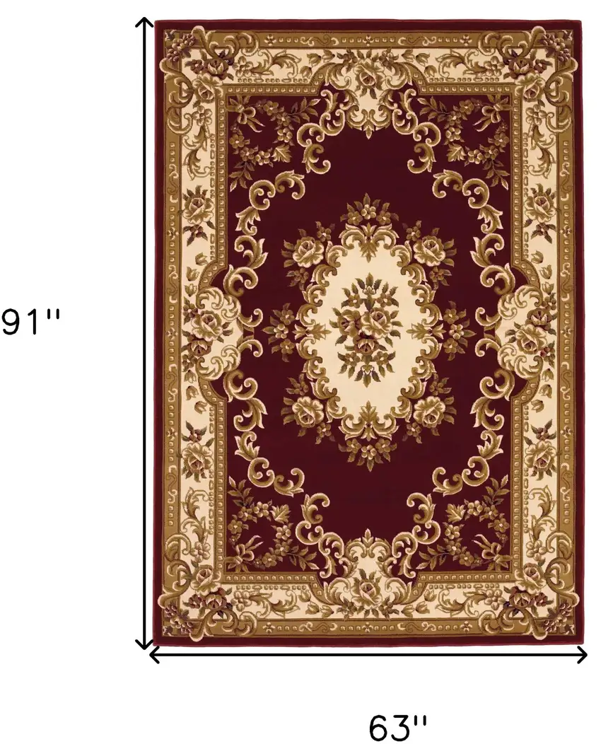 Red and Ivory Floral Bordered Area Rug Photo 3
