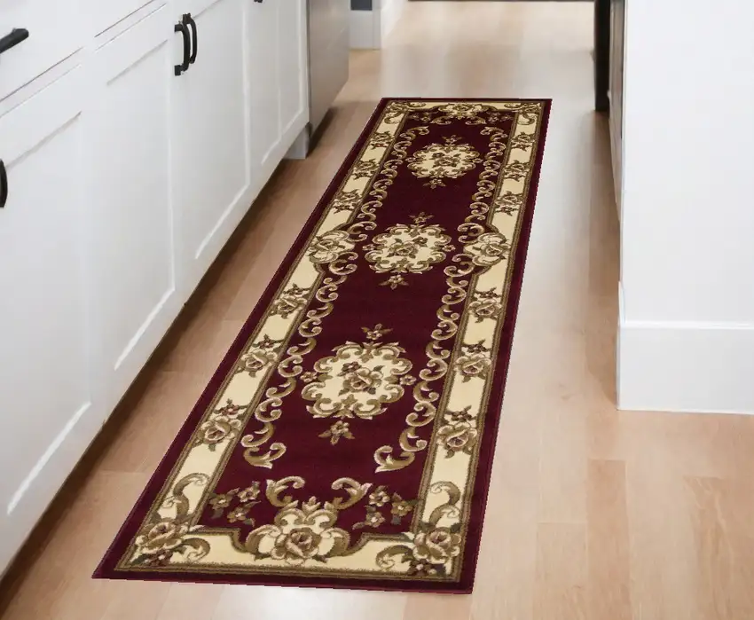 8' Red and Ivory Floral Border Runner Rug Photo 1