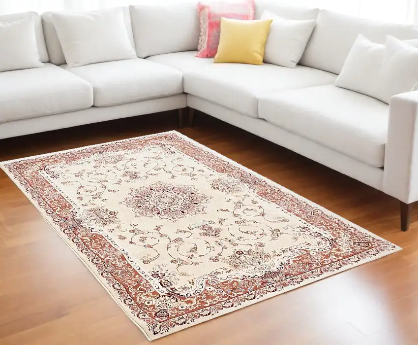 Orange and Ivory Oriental Power Loom Area Rug Photo 1
