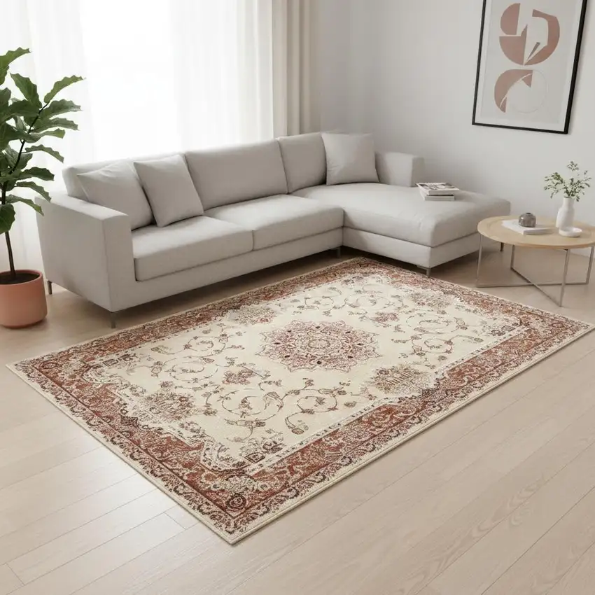 Orange and Ivory Oriental Power Loom Area Rug Photo 1
