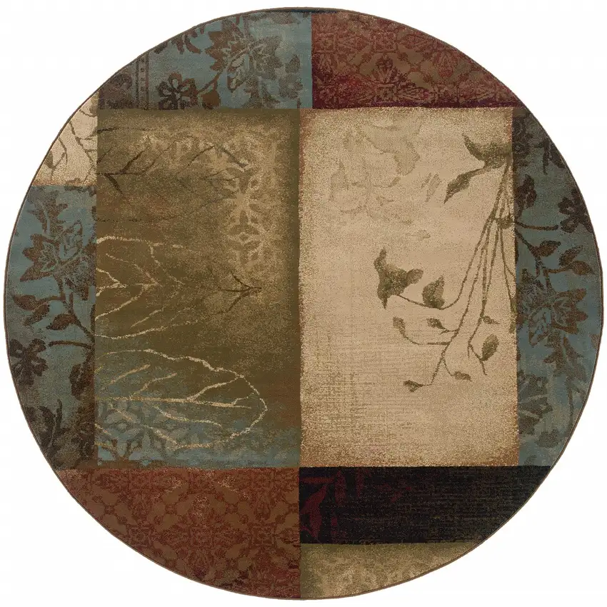 Round Beige and Brown Floral Block Pattern Area Rug Photo 1
