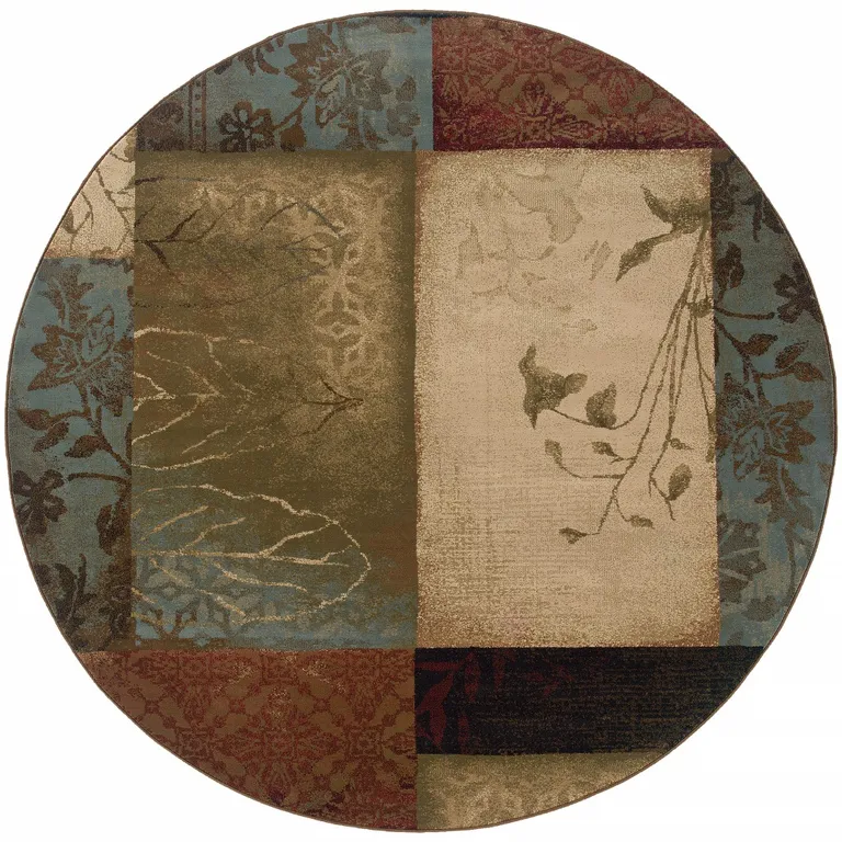 Round Beige and Brown Floral Block Pattern Area Rug Photo 1