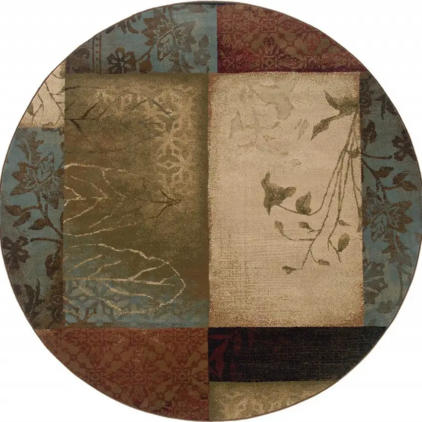 Round Beige and Brown Floral Block Pattern Area Rug Photo 4