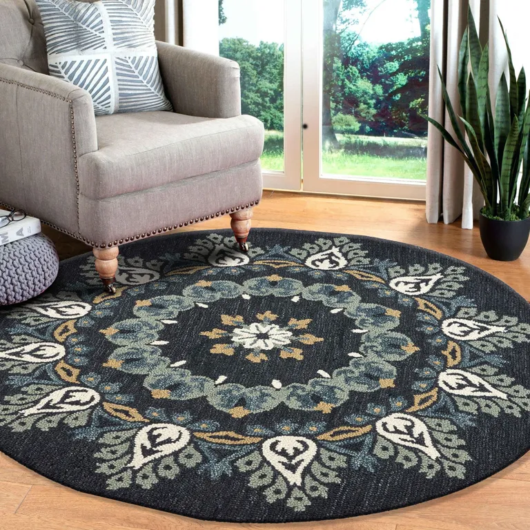 Round Black Floral Paradise Area Rug Photo 3