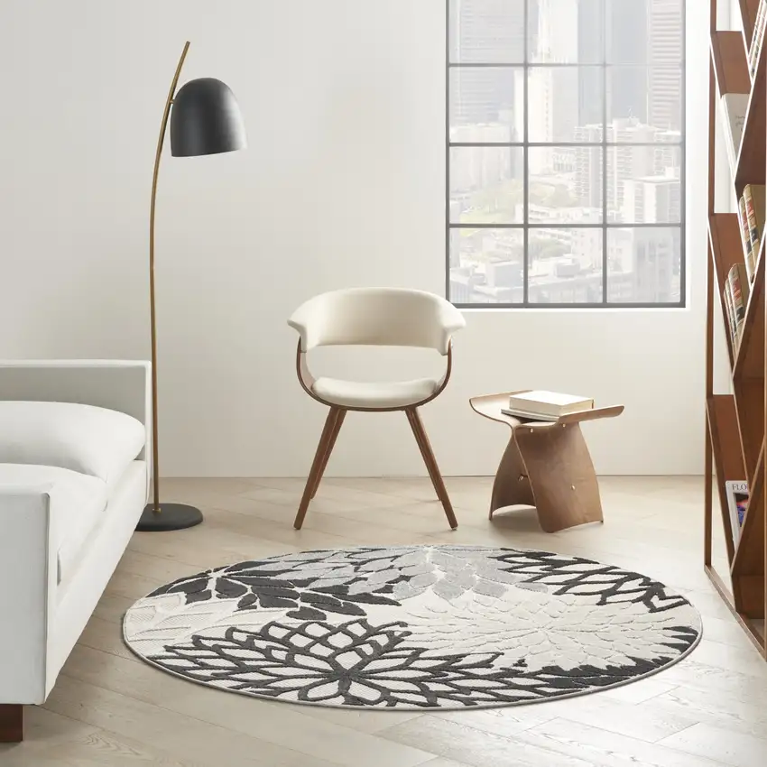 Round Black Gray White Indoor Outdoor Area Rug Photo 10