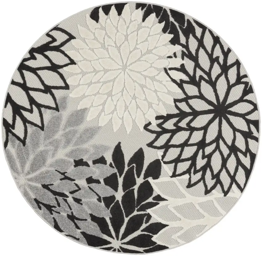 Black And White Round Floral Indoor Outdoor Area Rug Photo 2