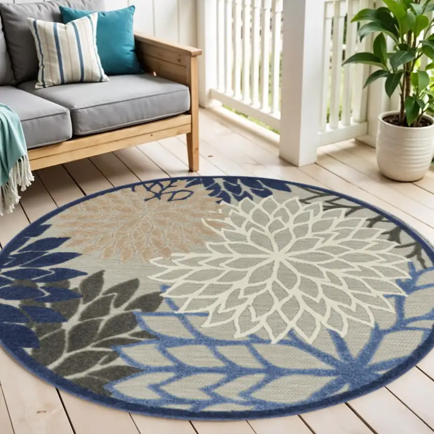 4' Blue And Gray Round Indoor Outdoor Area Rug Photo 2