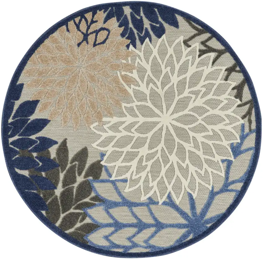 Blue And Gray Round Floral Indoor Outdoor Area Rug Photo 4