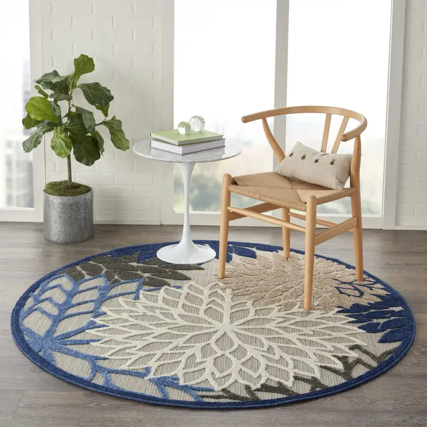 4' Blue And Gray Round Indoor Outdoor Area Rug Photo 6
