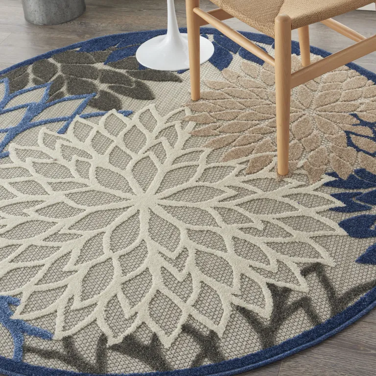 Round Blue Large Floral Indoor Outdoor Area Rug Photo 4