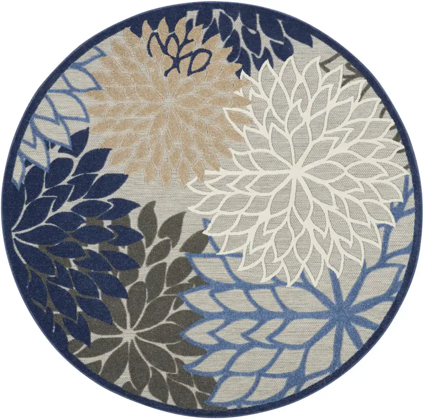 Blue And Gray Round Floral Indoor Outdoor Area Rug Photo 4