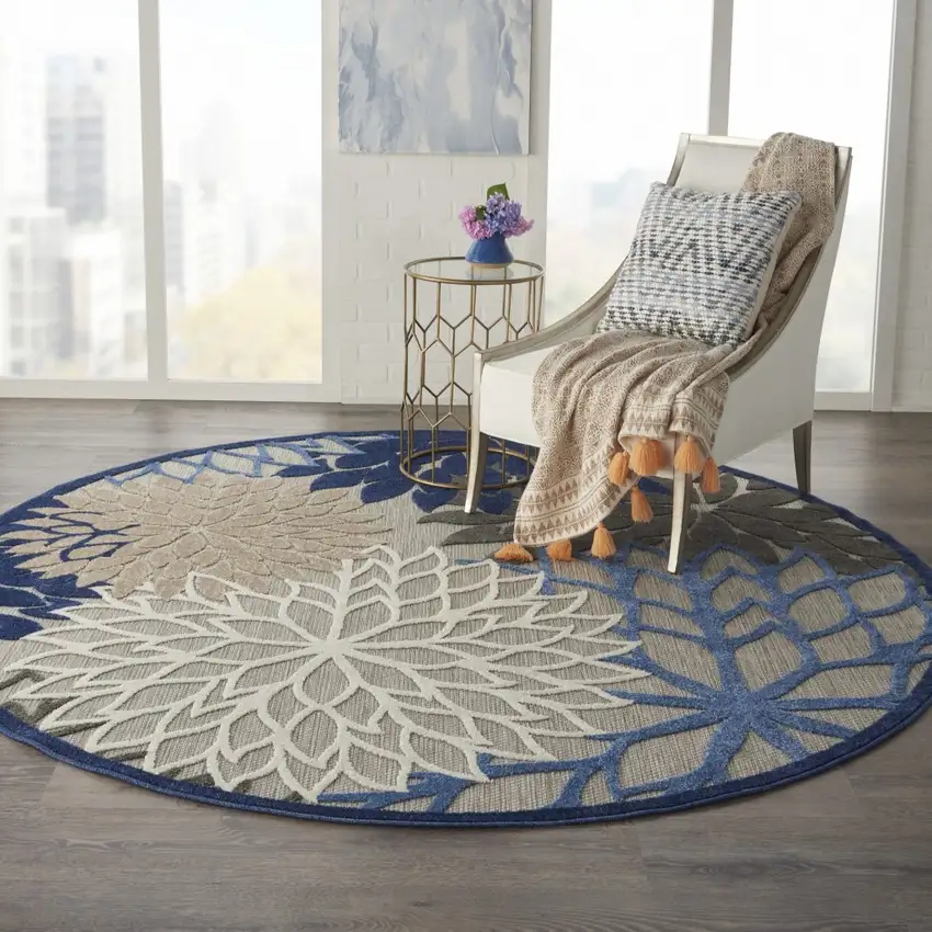 Round Blue Large Floral Indoor Outdoor Area Rug Photo 6
