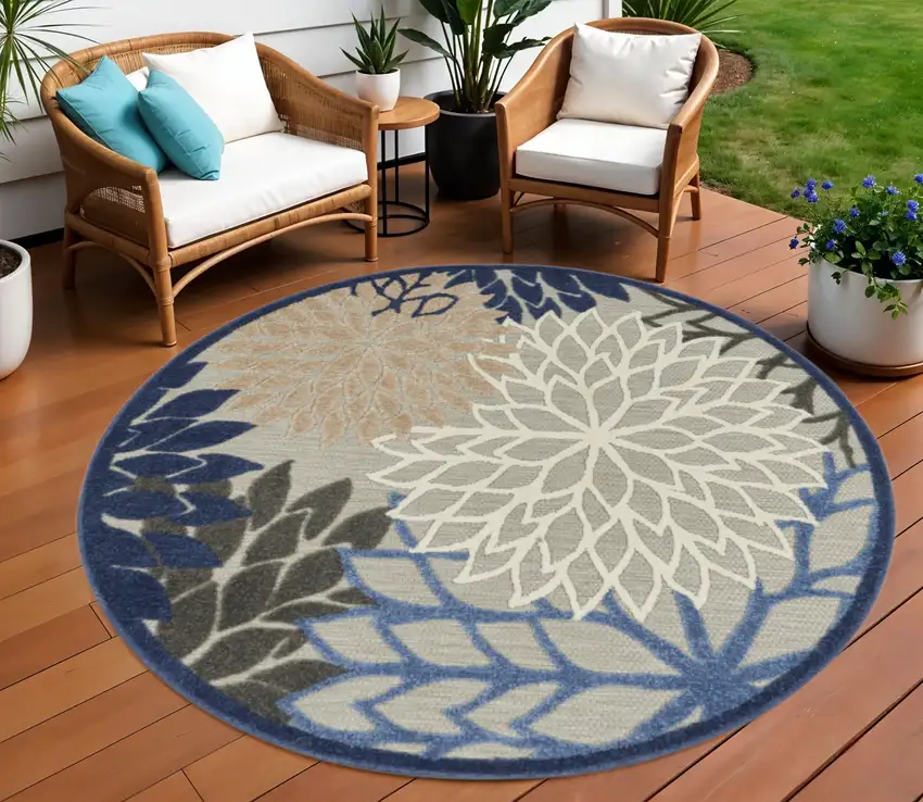 8' Blue And Gray Round Indoor Outdoor Area Rug Photo 2