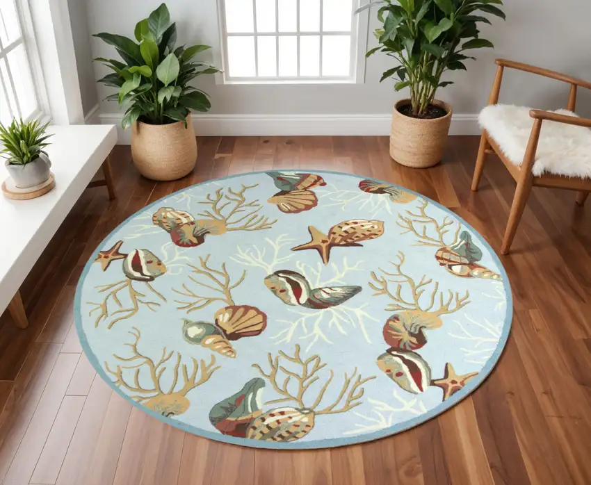 7' Blue Beige And Green Seashell and Coral Hand Hooked Round Rug Photo 1