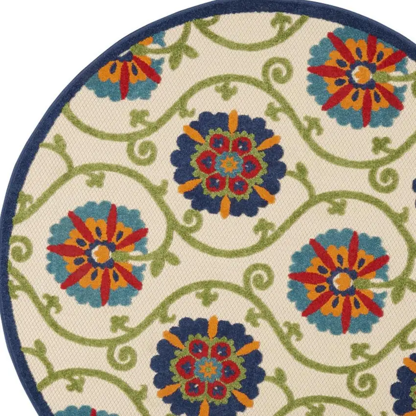 4' Ivory And Blue Round Indoor Outdoor Area Rug Photo 7
