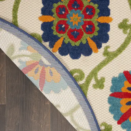 4' Ivory And Blue Round Indoor Outdoor Area Rug Photo 9