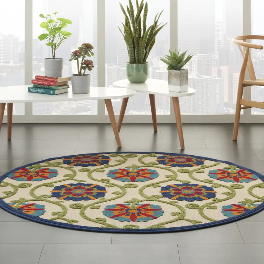 4' Ivory And Blue Round Indoor Outdoor Area Rug Photo 6