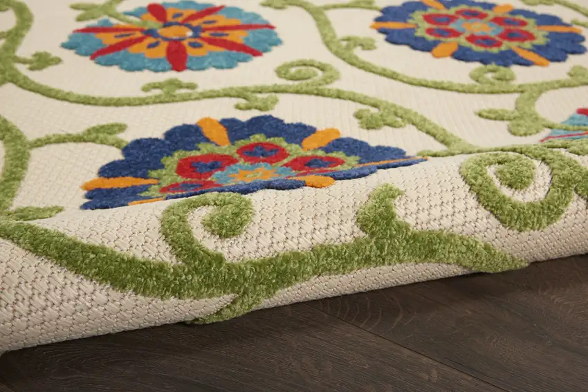 4' Ivory And Blue Round Indoor Outdoor Area Rug Photo 5