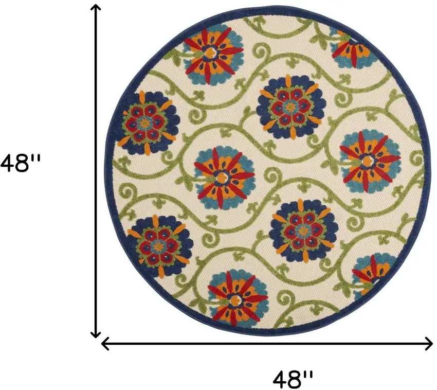 Ivory And Blue Round Floral Indoor Outdoor Area Rug Photo 9