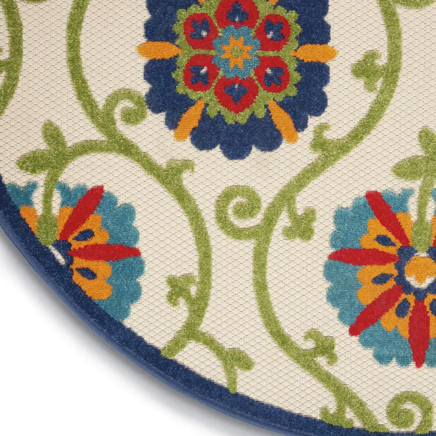 4' Ivory And Blue Round Indoor Outdoor Area Rug Photo 8