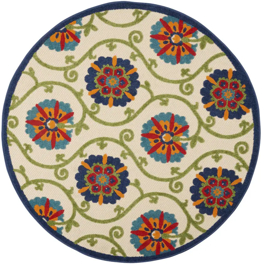 Ivory And Blue Round Floral Indoor Outdoor Area Rug Photo 6
