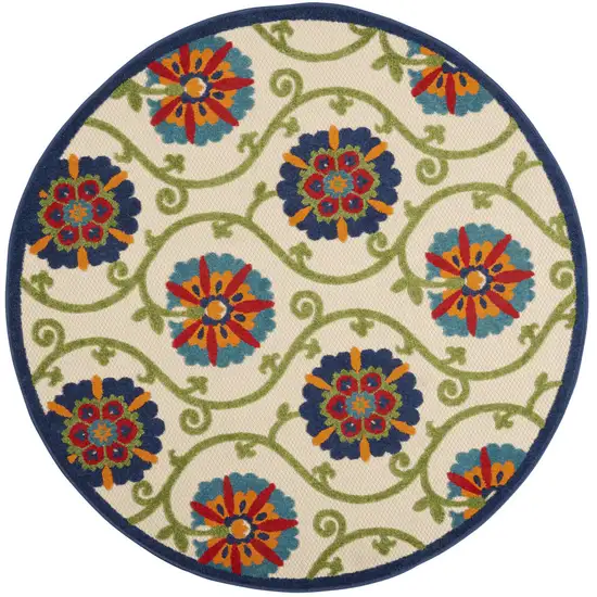5' Ivory And Blue Round Indoor Outdoor Area Rug Photo 4