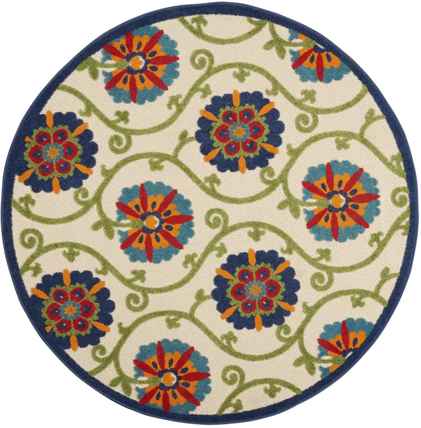 Ivory And Blue Round Floral Indoor Outdoor Area Rug Photo 1