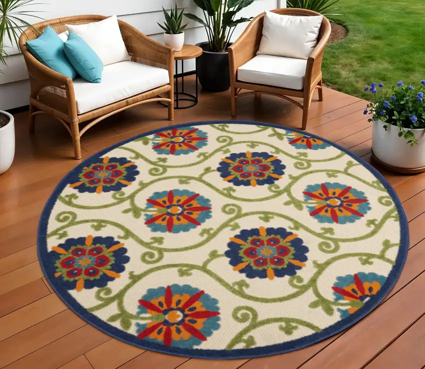 8' Ivory And Blue Round Indoor Outdoor Area Rug Photo 2